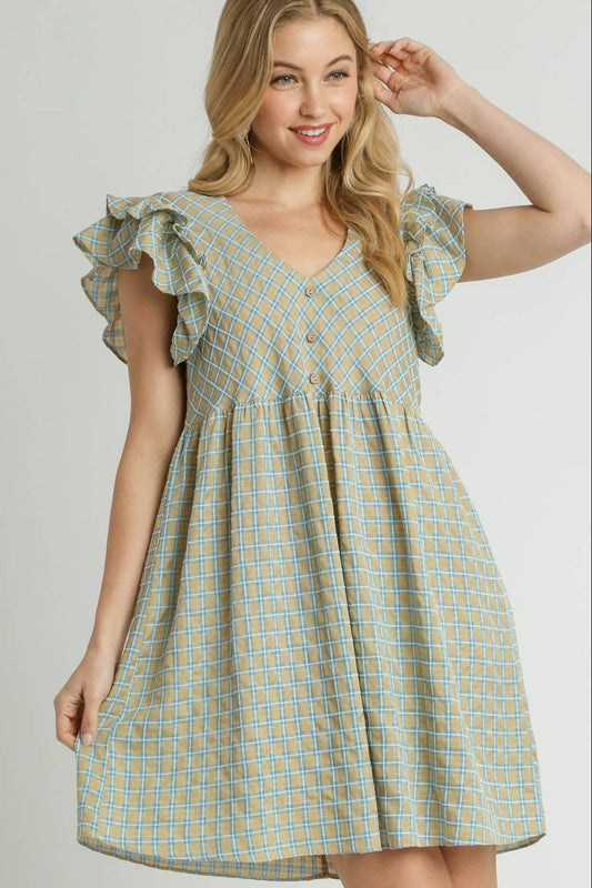 Umgee Full Size Plaid V-Neck Ruffle Cap Sleeve Dress Plus Size - Tigbul's Variety Fashion Shop