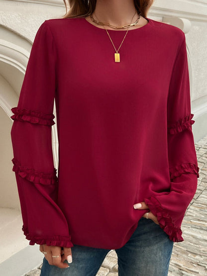 Devine Frill Round Neck Long Sleeve Top - Tigbul's Variety Fashion Shop