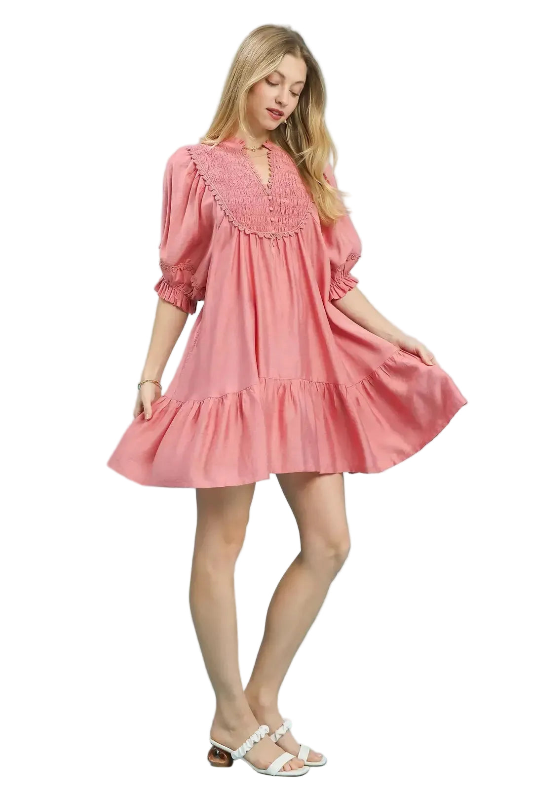 BLUSH smocked bib babydoll dress with short tiered skirt and gathered ruffle hem