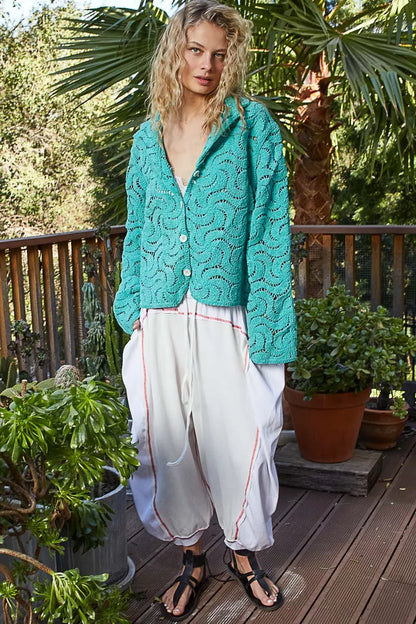 POL Button Down Crochet Openwork Shirt - Tigbul's Variety Fashion Shop