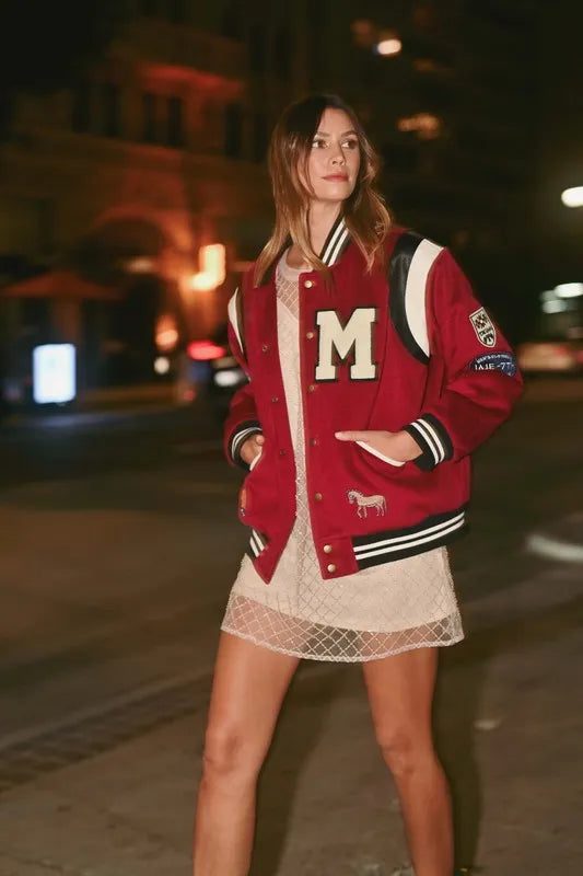 Burgundy Varsity Jacket with Patch Detail - Tigbul's Variety Fashion Shop