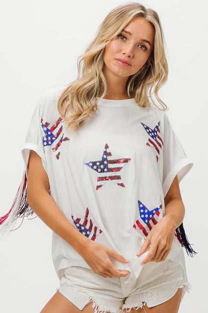 American Flag Sequin Star Fringe Top - Tigbul's Variety Fashion Shop