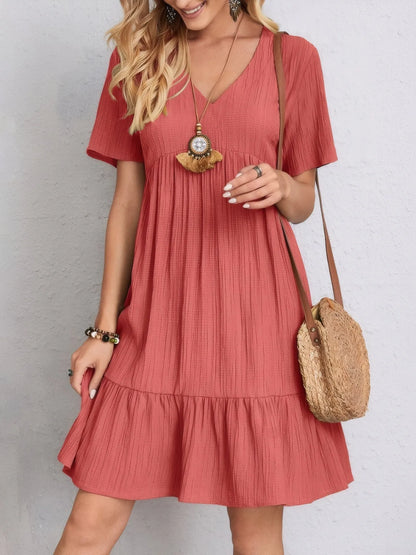 V-Neck Tiered Dress with Flutter Sleeves - Tigbul's Variety Fashion Shop