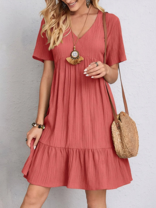 V-Neck Tiered Dress with Flutter Sleeves - Tigbul's Variety Fashion Shop