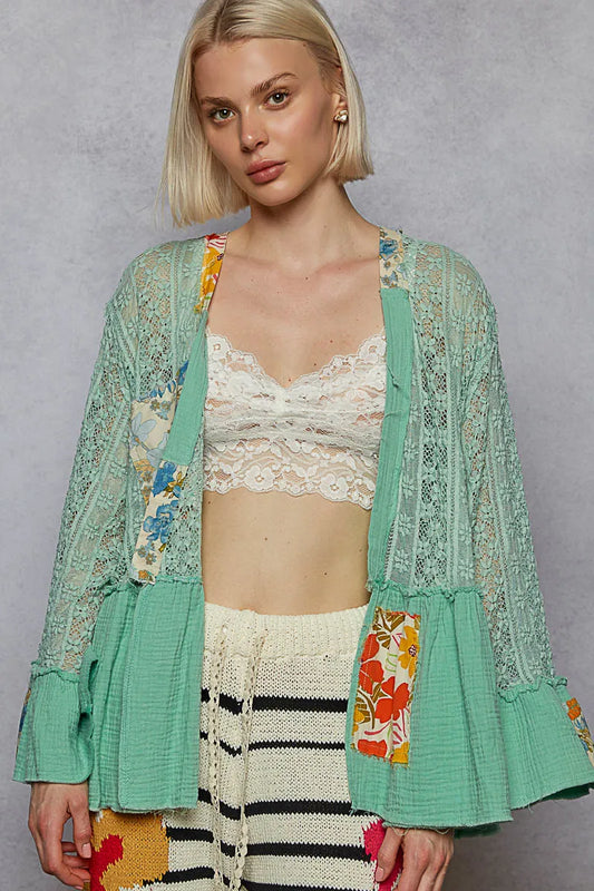 POL Lace Ruffled Hem Open Front Cardigan - Tigbul's Variety Fashion Shop