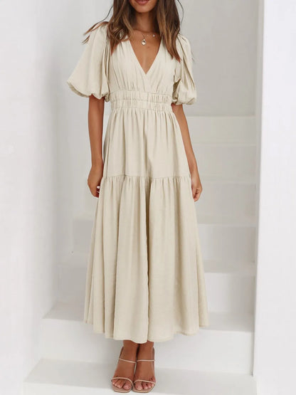 V-Neck Puff Sleeve Midi Dress - Tigbul's Variety Fashion Shop