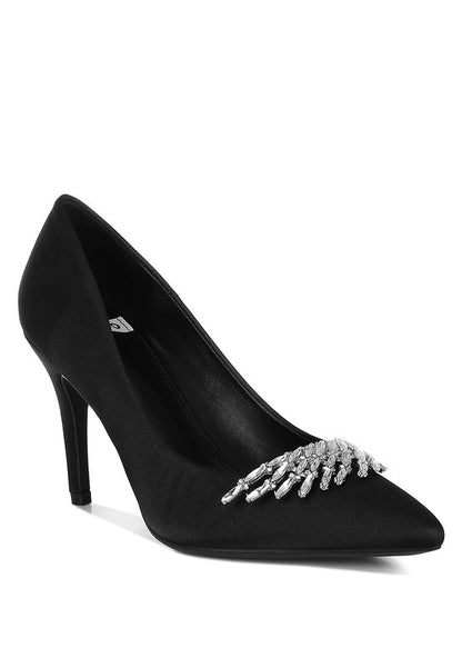 Rhodolia Diamante Brooch Detail Satin Pumps - Tigbul's Variety Fashion Shop