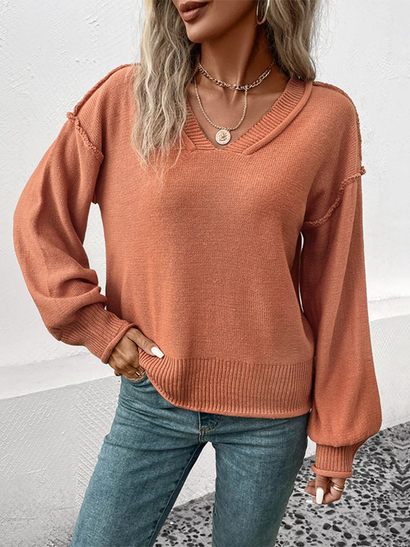 V-Neck Dropped Shoulder Sweater - Tigbul's Variety Fashion Shop