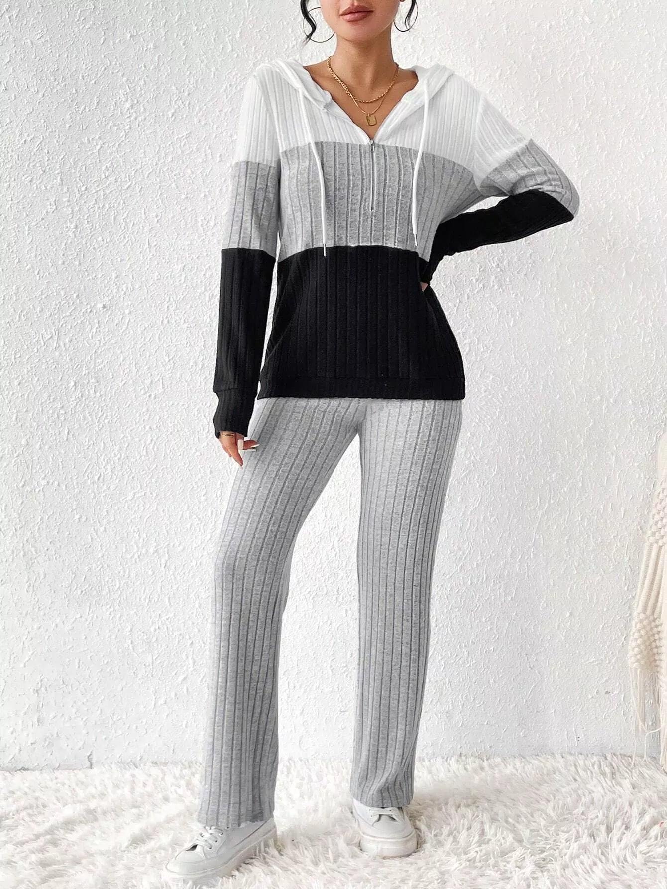 Color Block Half Zip Hooded Top and Pants Set - Tigbul's Variety Fashion Shop