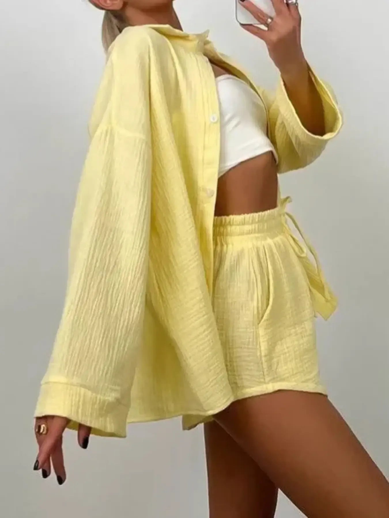 Texture Button Up Shirt and Shorts Set - Tigbul's Variety Fashion Shop