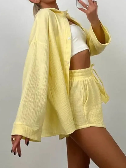 Texture Button Up Shirt and Shorts Set - Tigbul's Variety Fashion Shop