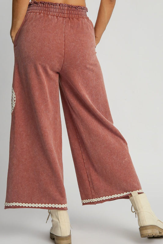 Umgee Full Size Peace Lace Applique Mineral Wash Wide Leg Pants Plus Size - Tigbul's Variety Fashion Shop