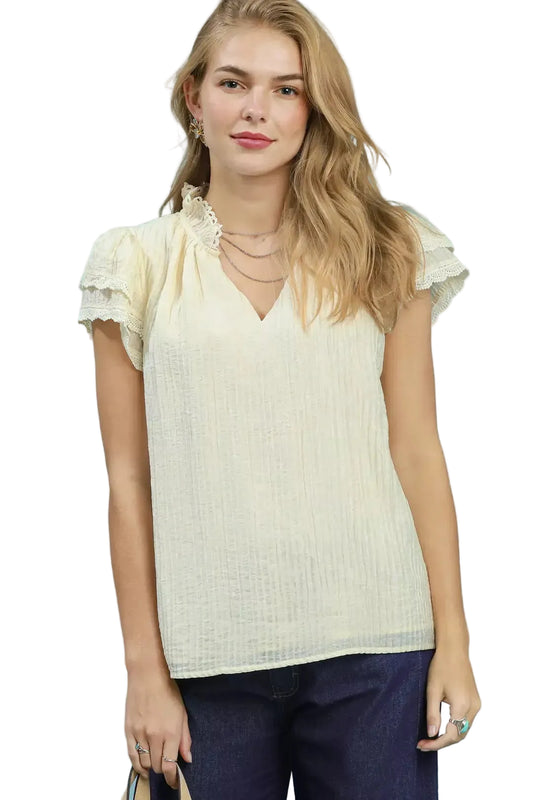 Lace Trim Cream Color Ruffle Top | Tigbuls Variety Fashion