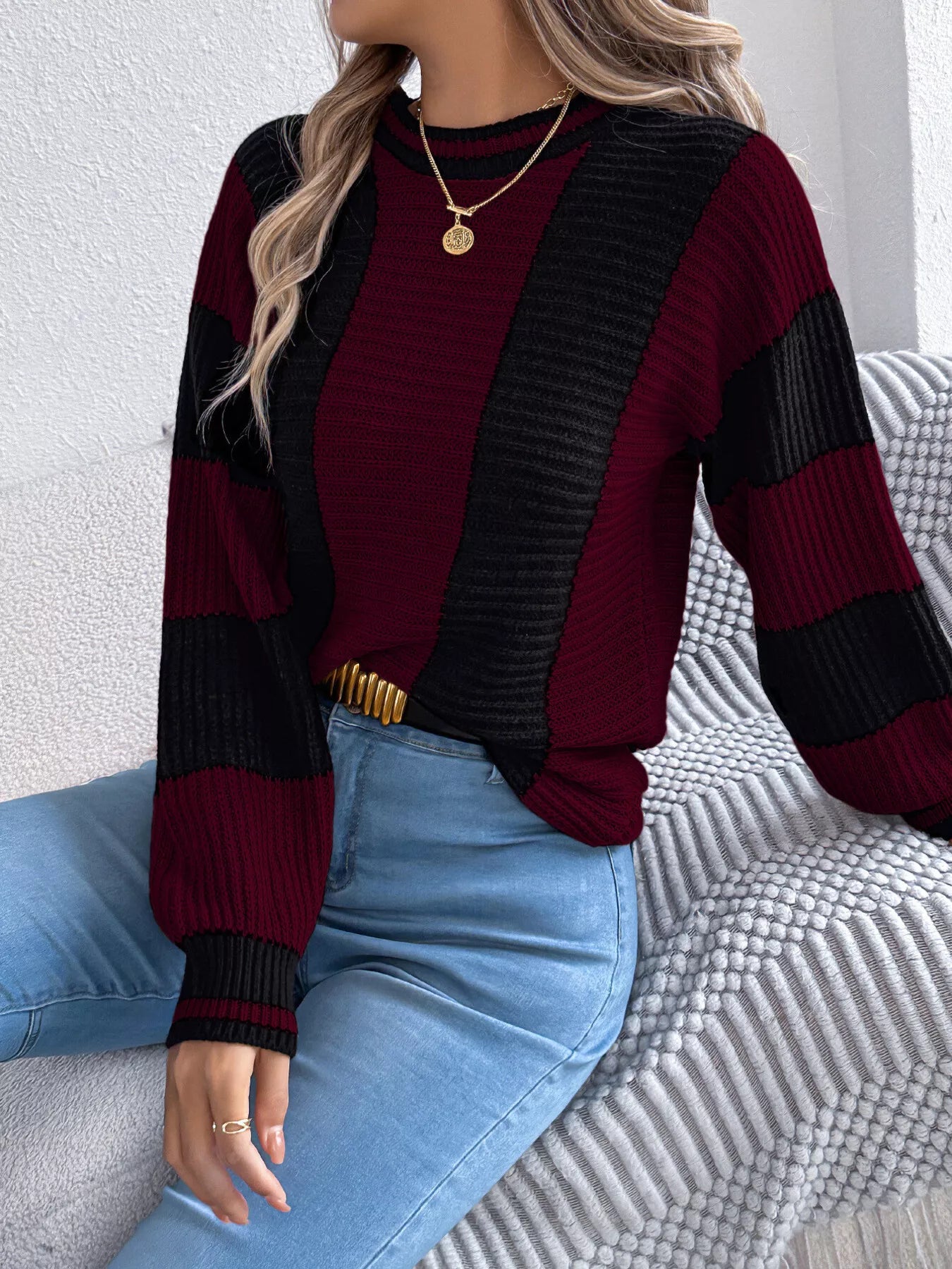 Color Block Round Neck Sweater - Tigbul's Variety Fashion Shop