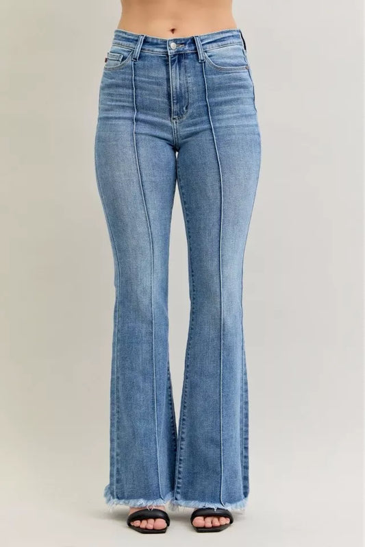 Judy Blue High Waist Flare Fray Hem Jeans with Front Pintuck Detail - Tigbul's Variety Fashion Shop