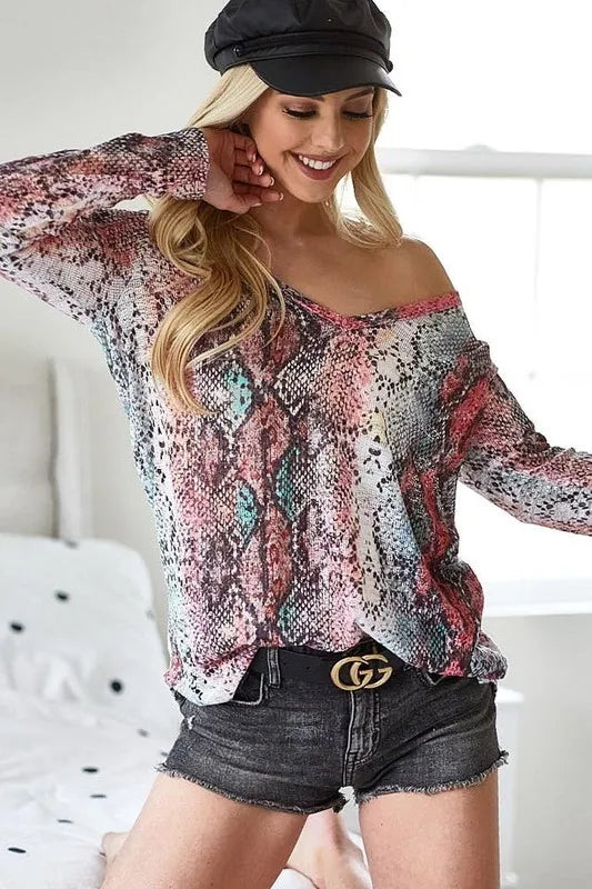 Snakeskin Print Low Gauge Hacci V Neck Top - Tigbul's Variety Fashion Shop