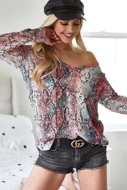 Snakeskin Print Low Gauge Hacci V Neck Top - Tigbul's Variety Fashion Shop