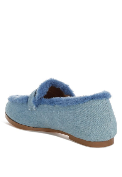 Nivena Fur Detail Denim Loafers - Tigbul's Variety Fashion Shop