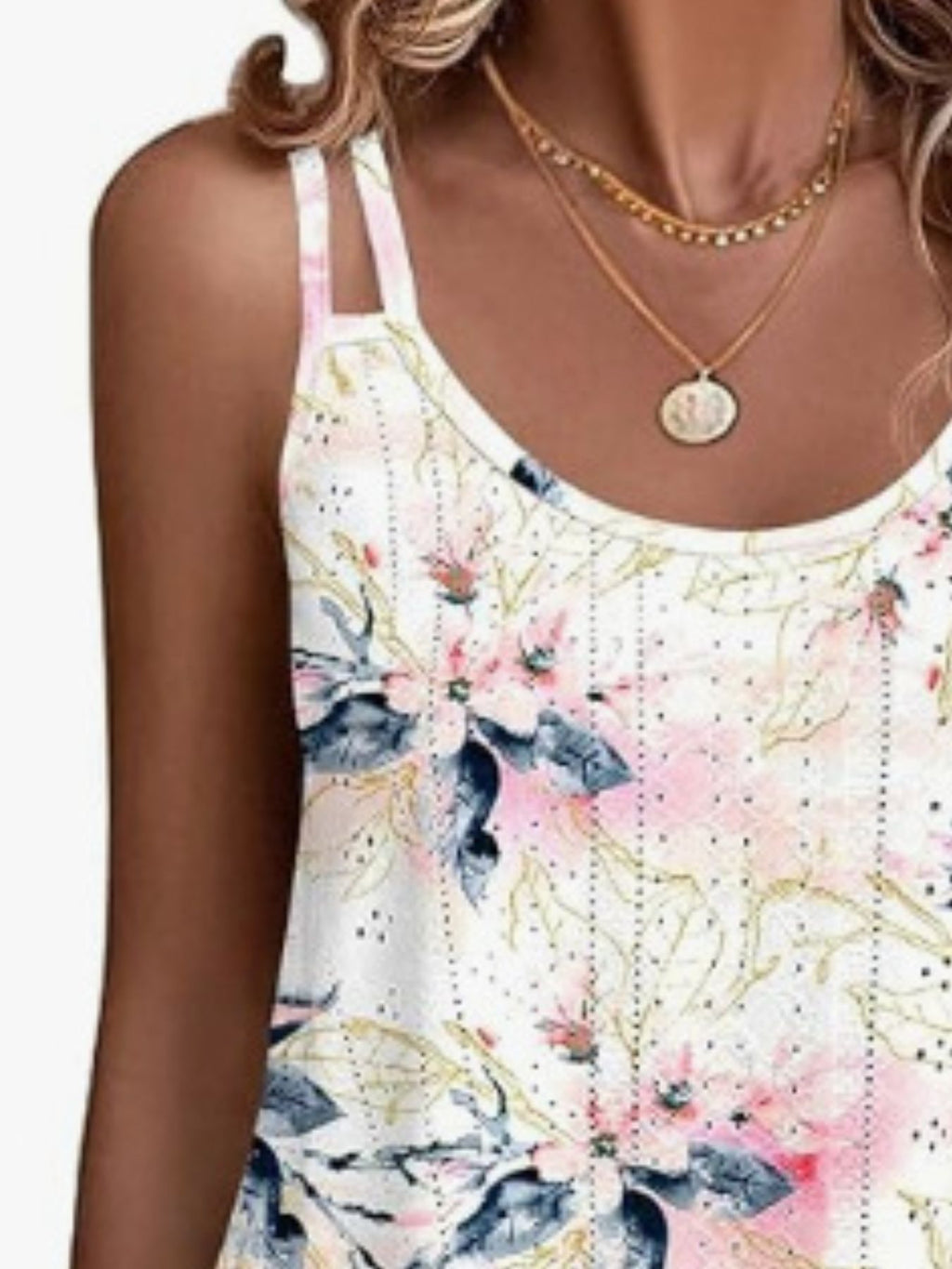 White floral eyelet double-strap cami top, close-up of neckline and straps