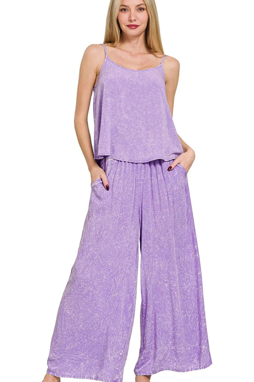 Zenana Woven Acid Crinkle Washed Cami & Pants 2 Piece Set - Tigbul's Variety Fashion Shop