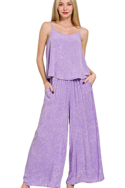 Zenana Woven Acid Crinkle Washed Cami & Pants 2 Piece Set - Tigbul's Variety Fashion Shop