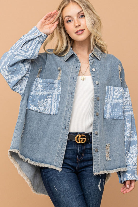 And The Why Full Size Paisley Print Quilted Sleeves Denim Jacket - Tigbul's Variety Fashion Shop