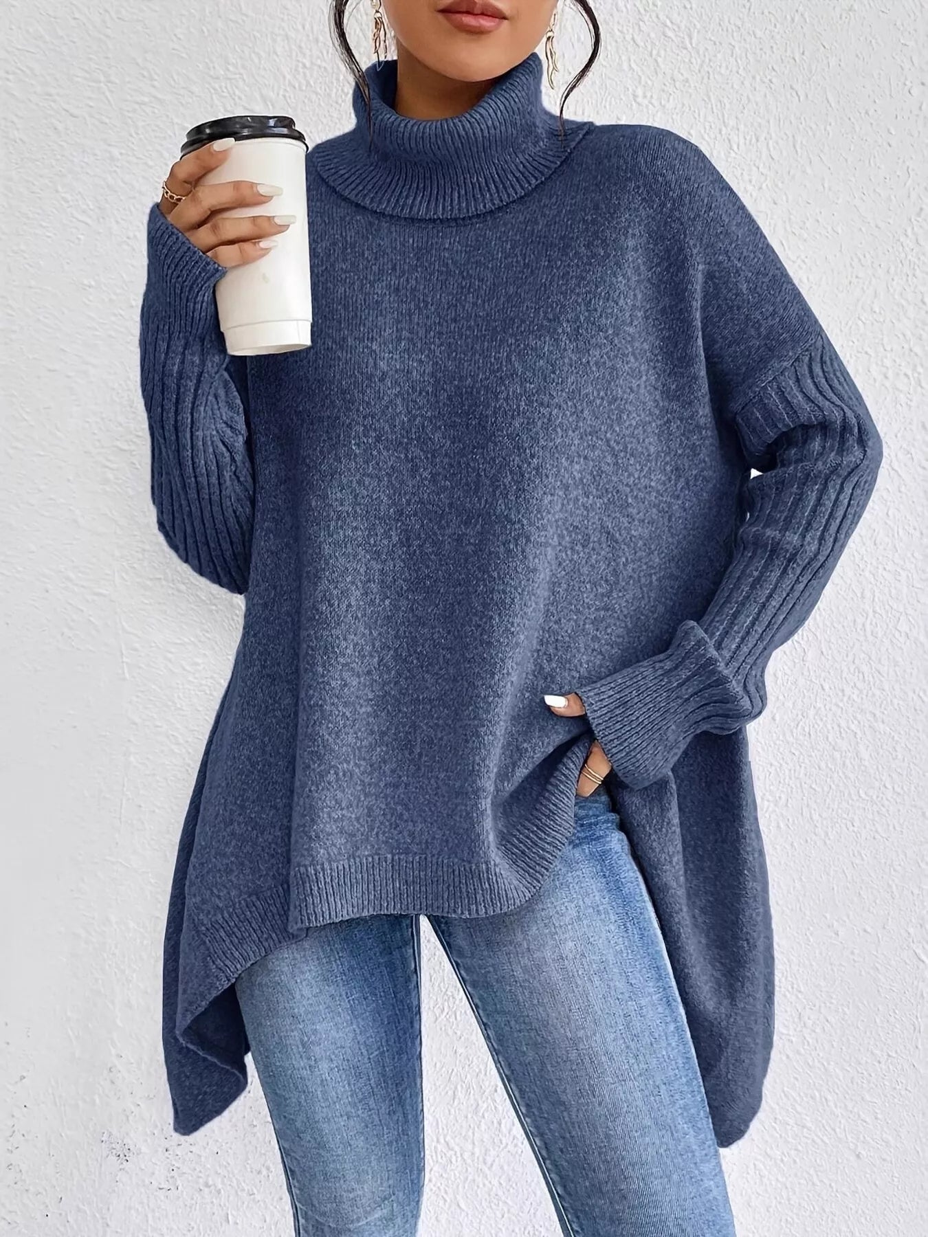Turtleneck Dropped Shoulder Sweater - Tigbul's Variety Fashion Shop