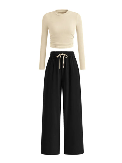 Round Neck Long Sleeve Top and Pants Set - Tigbul's Variety Fashion Shop