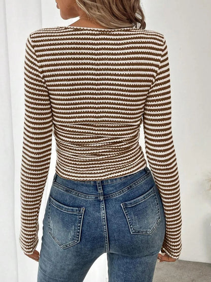 Striped Square Neck Long Sleeve T-Shirt - Tigbul's Variety Fashion Shop