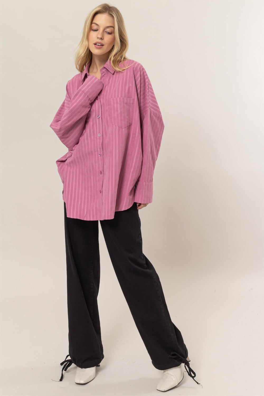 Stripe Button Down Long Sleeve Oversized Shirt - Tigbul's Variety Fashion Shop