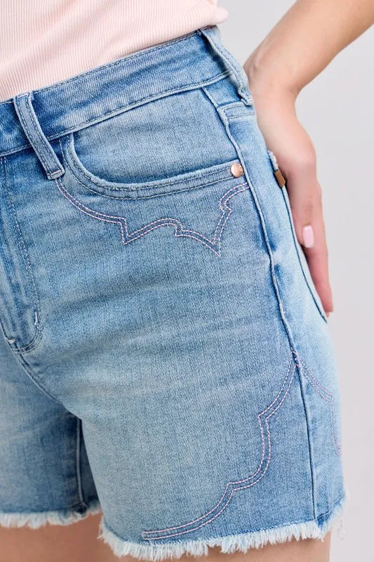 Judy Blue High Waist Western Embroidery Detail Cut Off Denim Shorts - Tigbul's Variety Fashion Shop