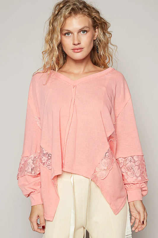POL V-Neck Long Sleeve T-Shirt with Lace Detail - Tigbul's Variety Fashion Shop