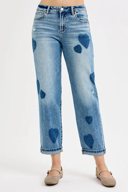 RISEN Full Size Mid Rise Fit-boyfriend Heart Shade Jeans Plus Size - Tigbul's Variety Fashion Shop