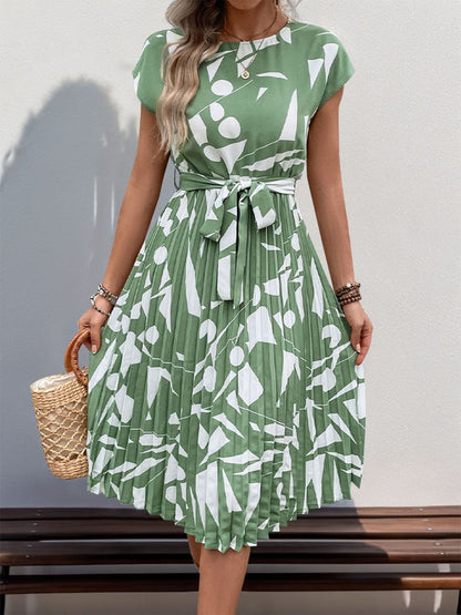 Tied Pleated Printed Cap Sleeve Dress - Tigbul's Variety Fashion Shop