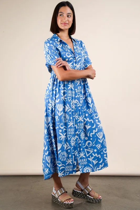 Blue Plus Size Oversized Printed Shirt Midi Dress - Tigbul's Variety Fashion Shop