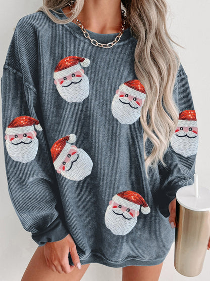 Sequin Santa Patch Ribbed Sweatshirt - Tigbul's Variety Fashion Shop