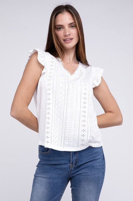 Ruffle Sleeve V Neck Top - Tigbuls Variety Fashion