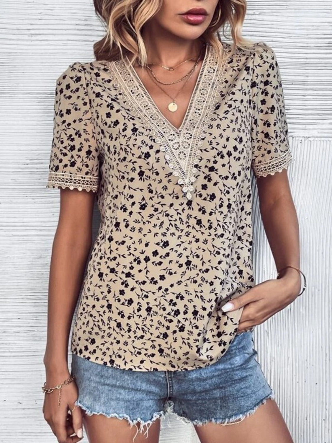 Full Size Printed V-Neck Short Sleeve Blouse - Tigbul's Variety Fashion Shop