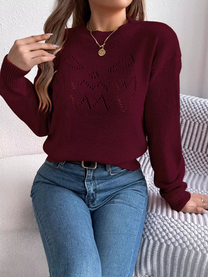 Openwork Round Neck Long Sleeve Sweater - Tigbul's Variety Fashion Shop