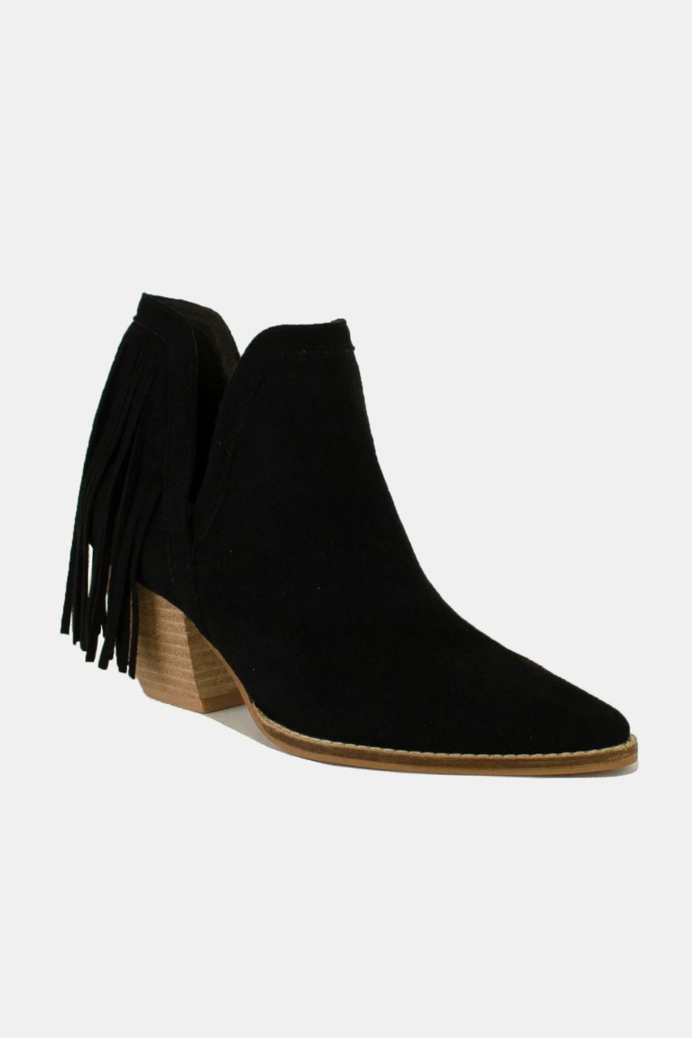 Black Fringe Side V-Cut Ankle Booties | Tigbuls Variety