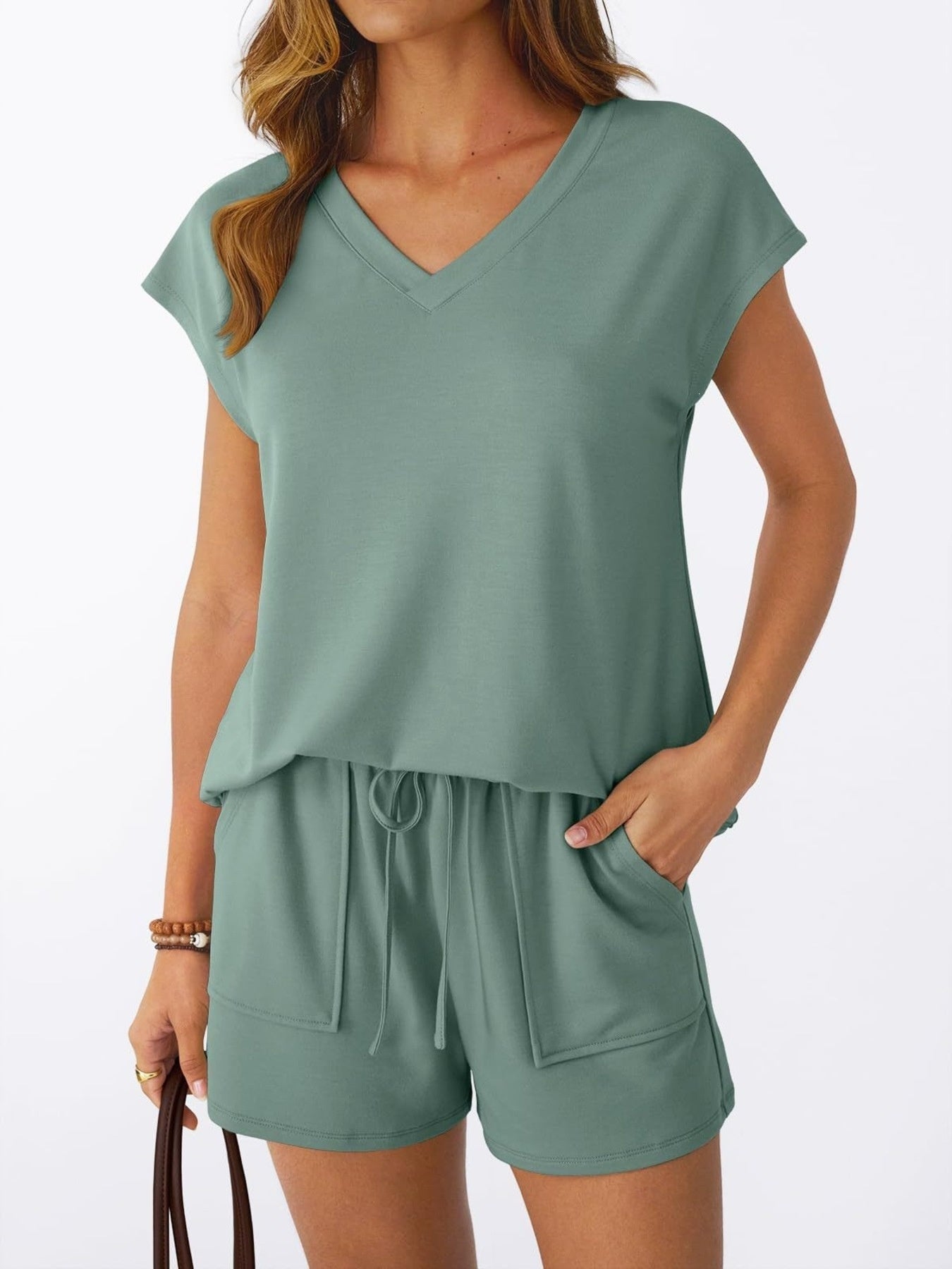 Light green V-neck t-shirt with matching drawstring shorts, front view