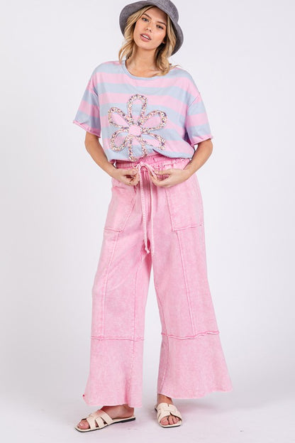 Pink Mineral Washed Terry Wide Leg Pants - Tigbul's Variety Fashion Shop