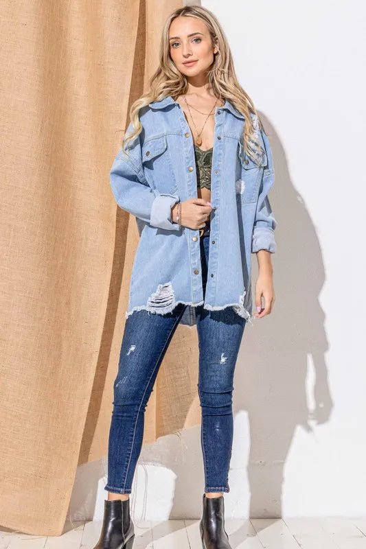 Button Front Flap Pocket Ripped Denim Jacket - Tigbul's Variety Fashion Shop