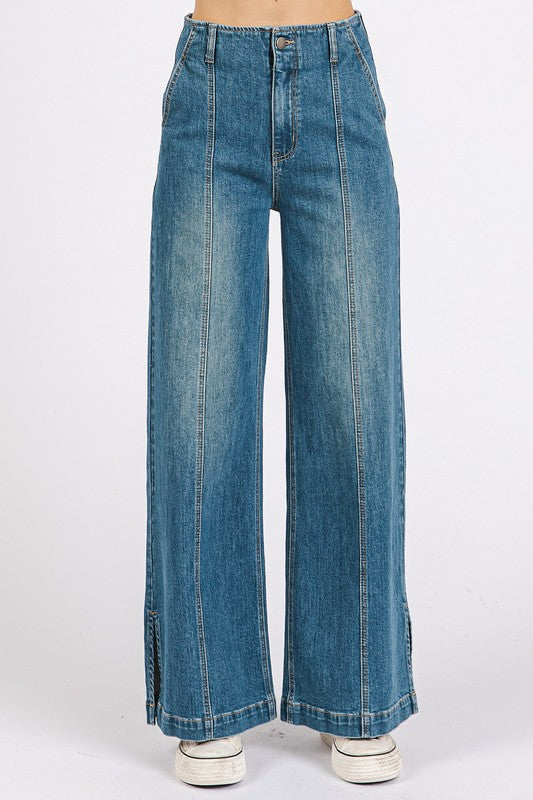 Blue Medium Wash Seam Detail Wide Leg Denim Jeans - Tigbul's Variety Fashion Shop