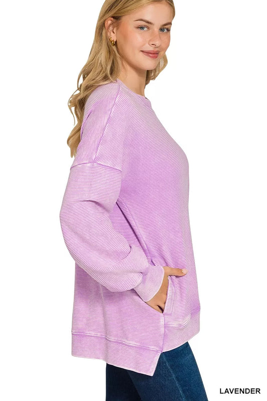 Lavender Acid Washed Double Ribbed Hi-low Sweatshirt - Tigbul's Variety Fashion Shop