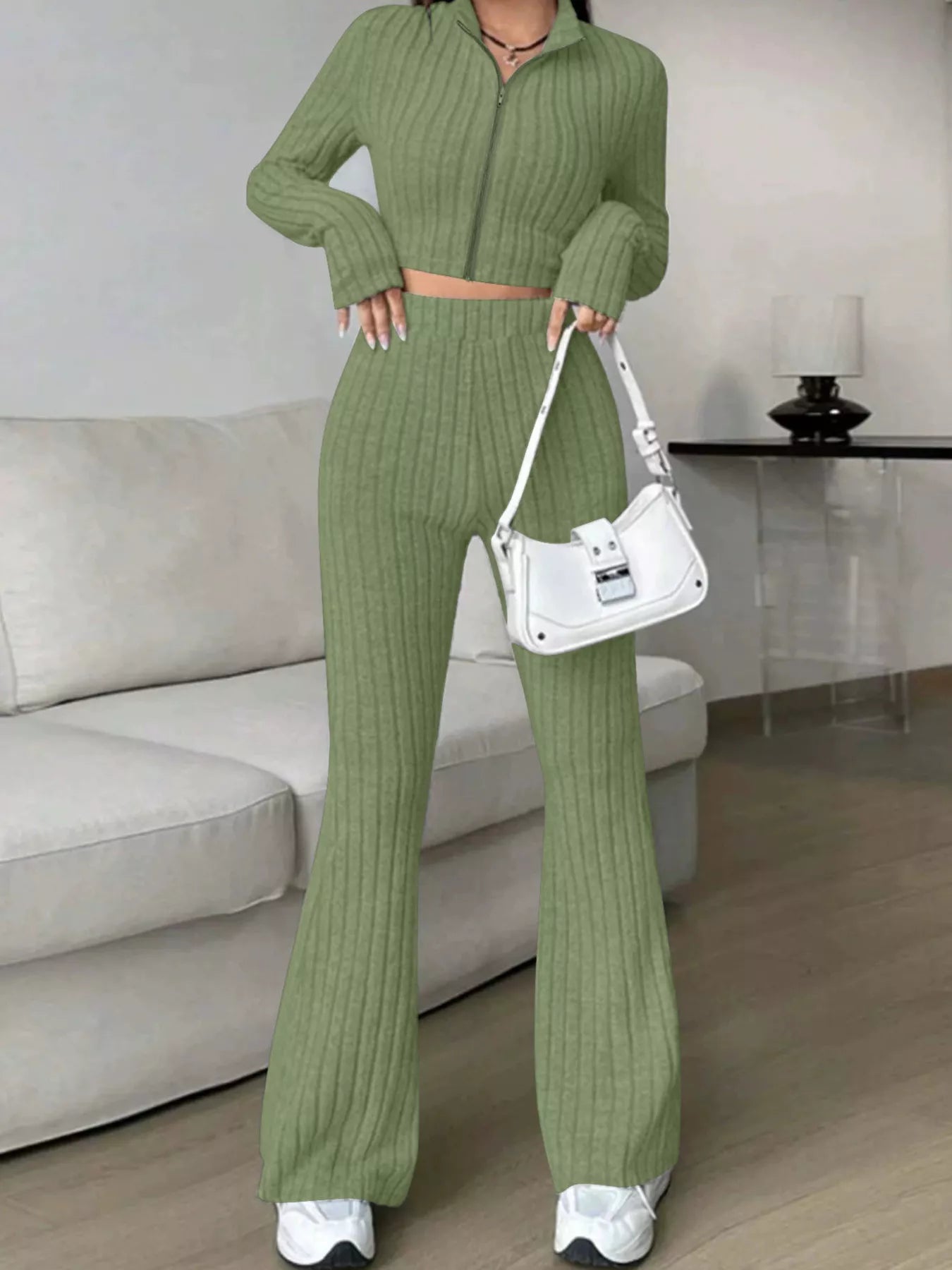 Ribbed Knit Crop Top and Flare Pants Set - Tigbul's Variety Fashion Shop