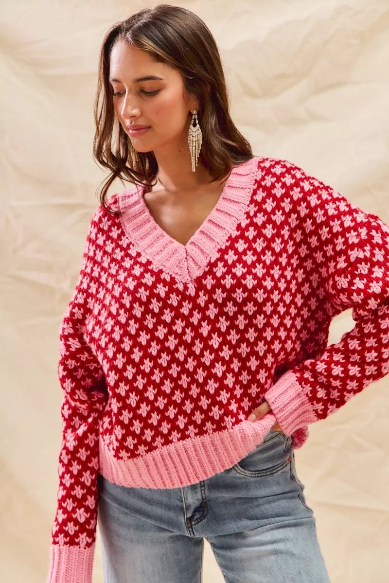 SO ME Color Block Textured Christmas Sweater V Neck Top - Tigbul's Variety Fashion Shop