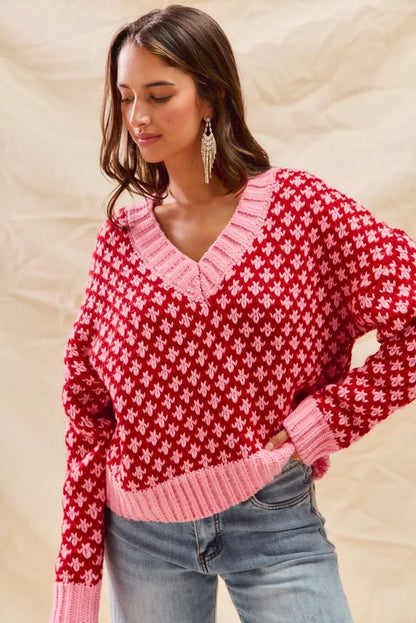 SO ME Color Block Textured Christmas Sweater V Neck Top - Tigbul's Variety Fashion Shop