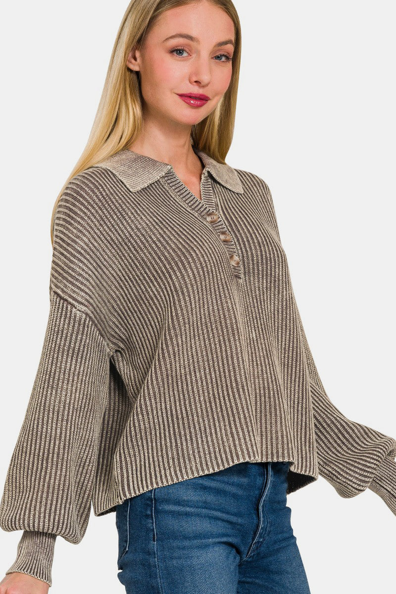 Zenana Washed Half Button Long Sleeve Sweater - Tigbul's Variety Fashion Shop