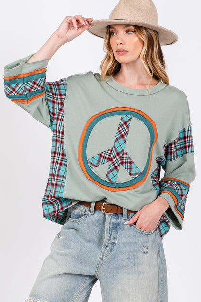 SAGE + FIG Peace Applique Patch Contrast Plaid Top - Tigbul's Variety Fashion Shop